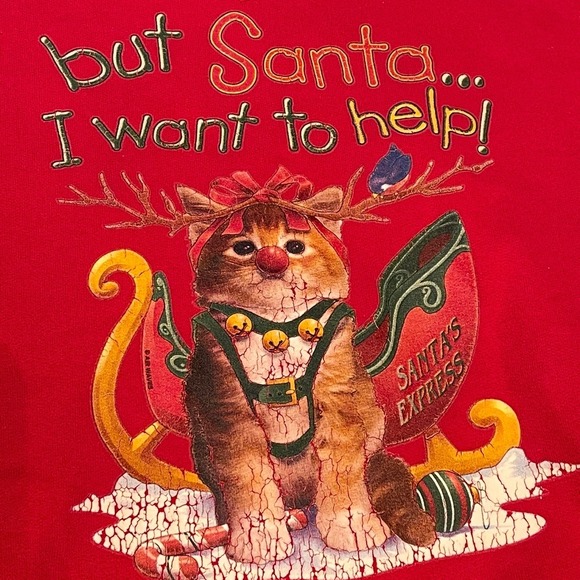 Vintage Air Waves Christmas Cat Sweatshirt But Santa I Want to Help 90s XL? - Picture 1 of 11